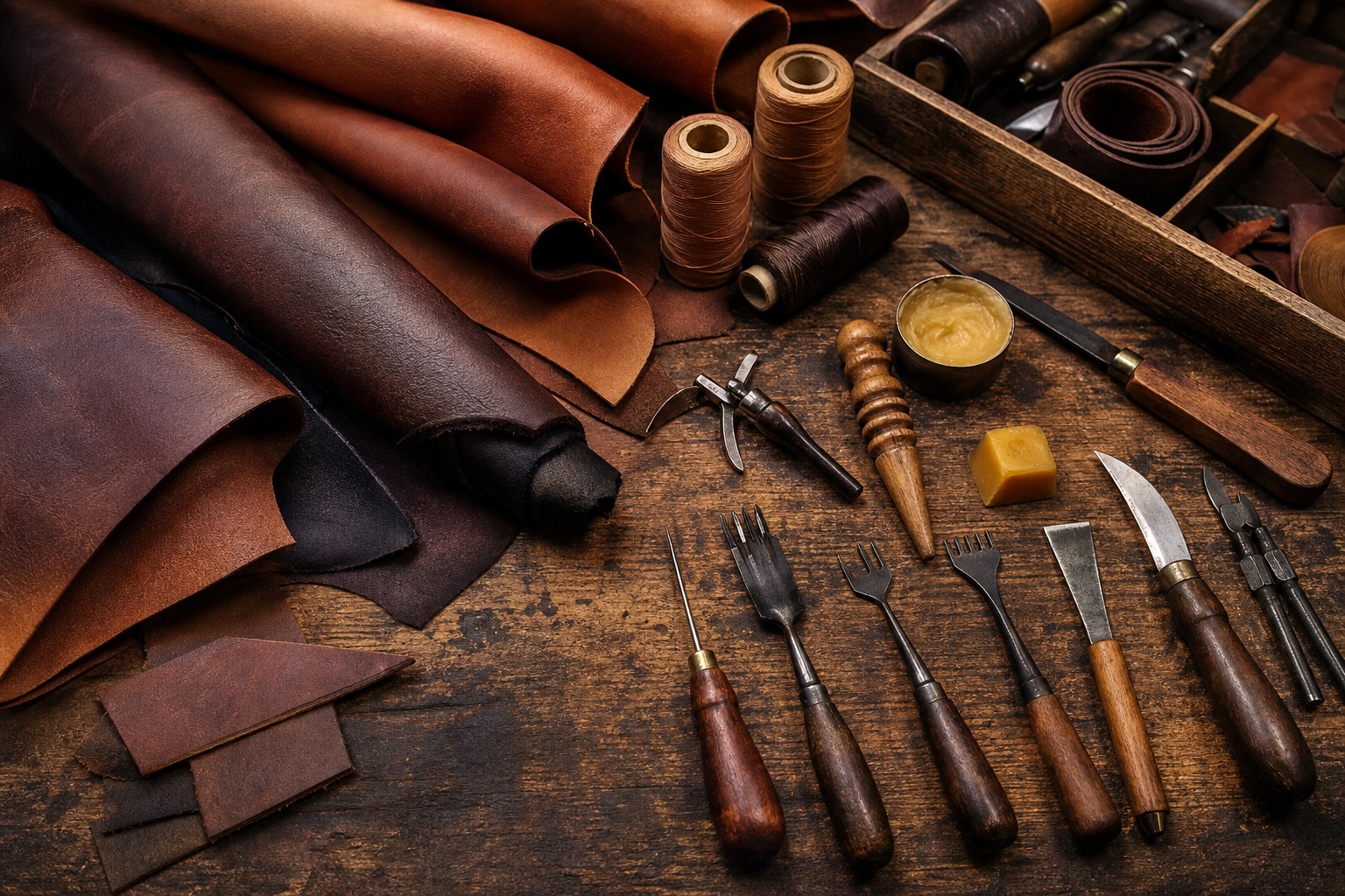 Leather craft tools, straps, and workshop materials arranged on a wooden craft table