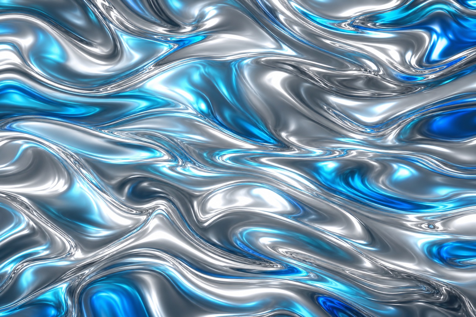 Silver and cyan liquid chrome waves with reflective metallic texture