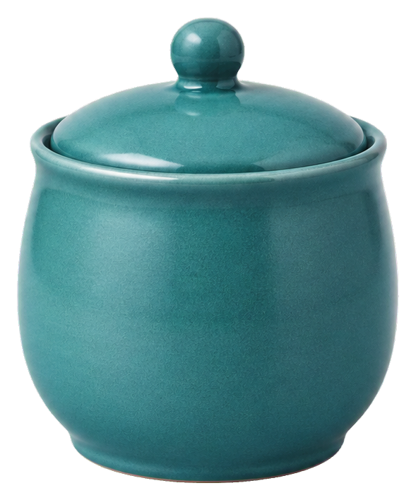 Teal ceramic sugar bowl with a lid and rounded knob.
