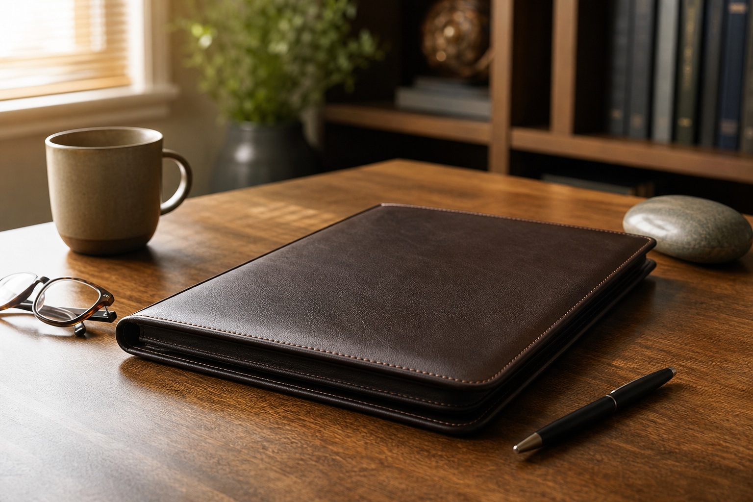 Leather portfolio on a wooden desk with coffee mug, pen, mouse, and morning light