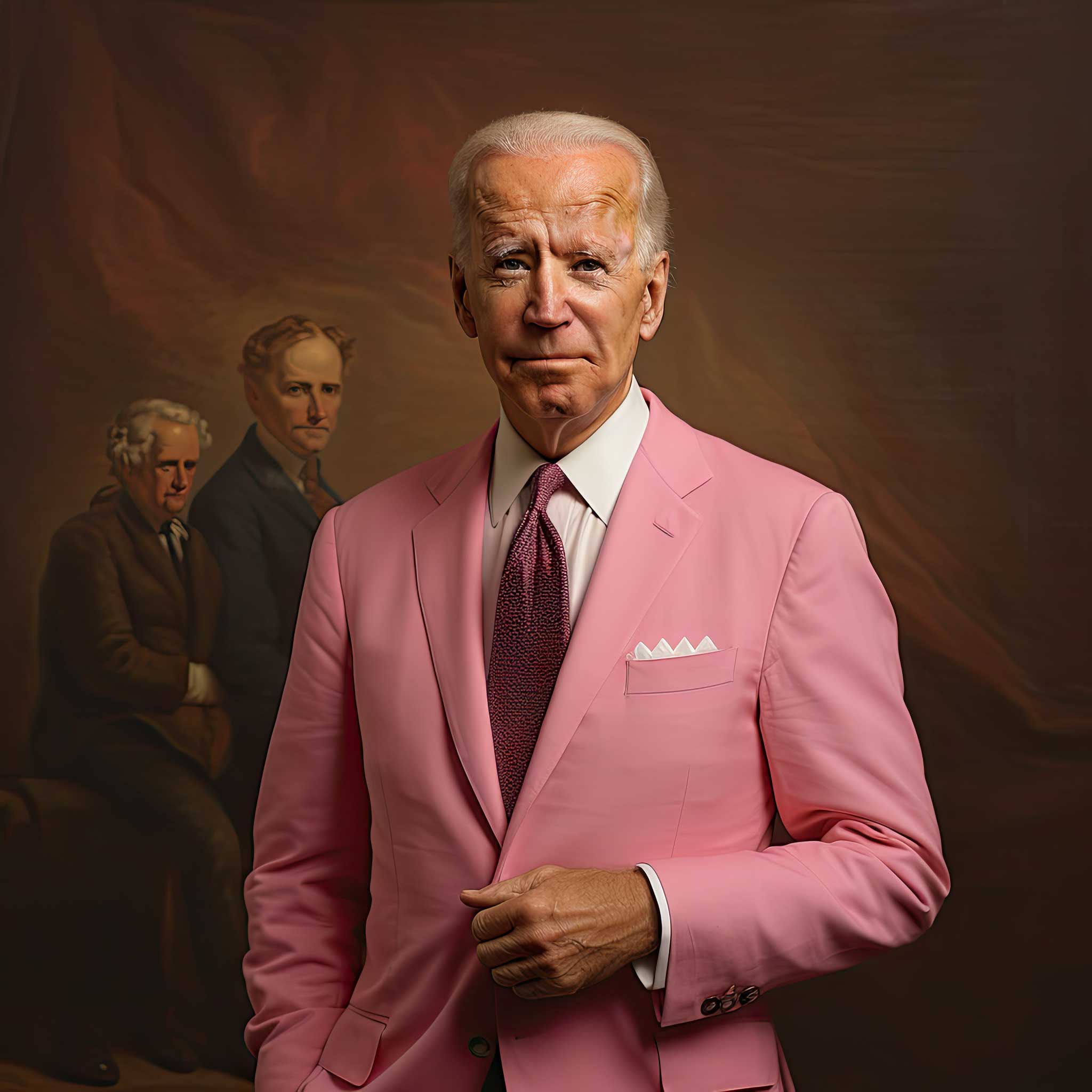 A man resembling President Biden wearing a pink suit against a dark background.