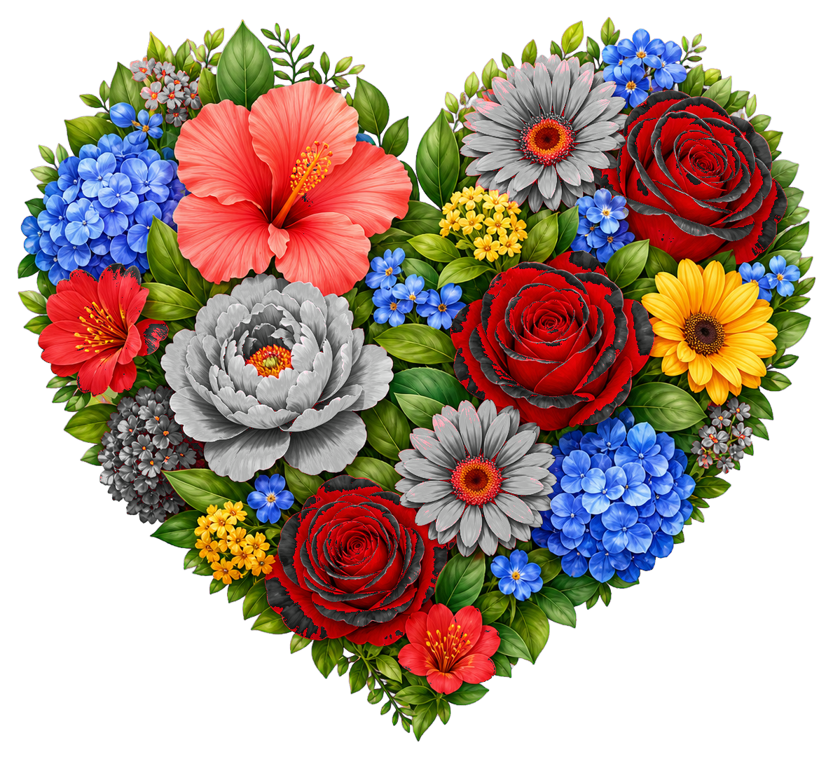 Heart-shaped floral sticker made of red, blue, yellow, and gray flowers