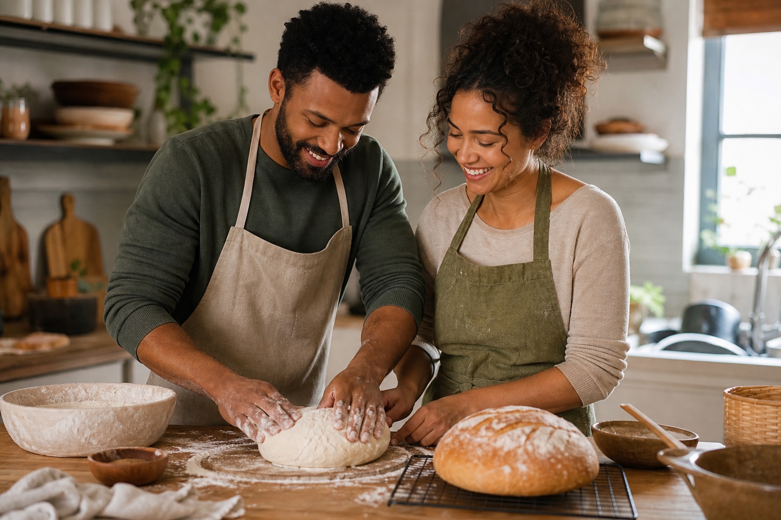 Smiling couple baking bread together in a home kitchen with flour on the counter.