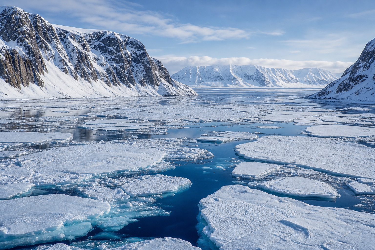 Frozen fjord with cracked ice, snow-covered mountains, and a narrow dark channel of water
