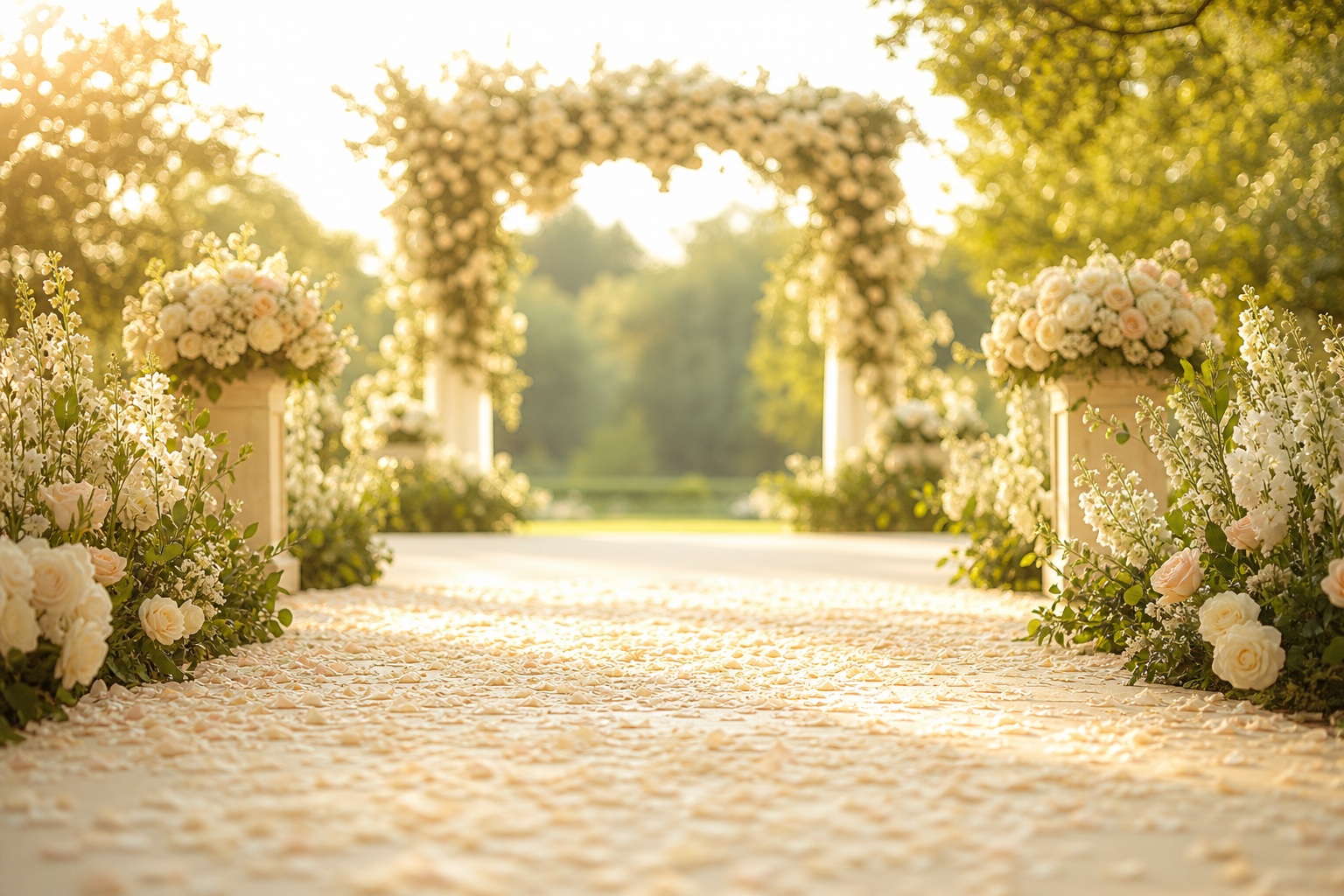 Floral wedding arch over a sunlit garden path with soft bokeh light.