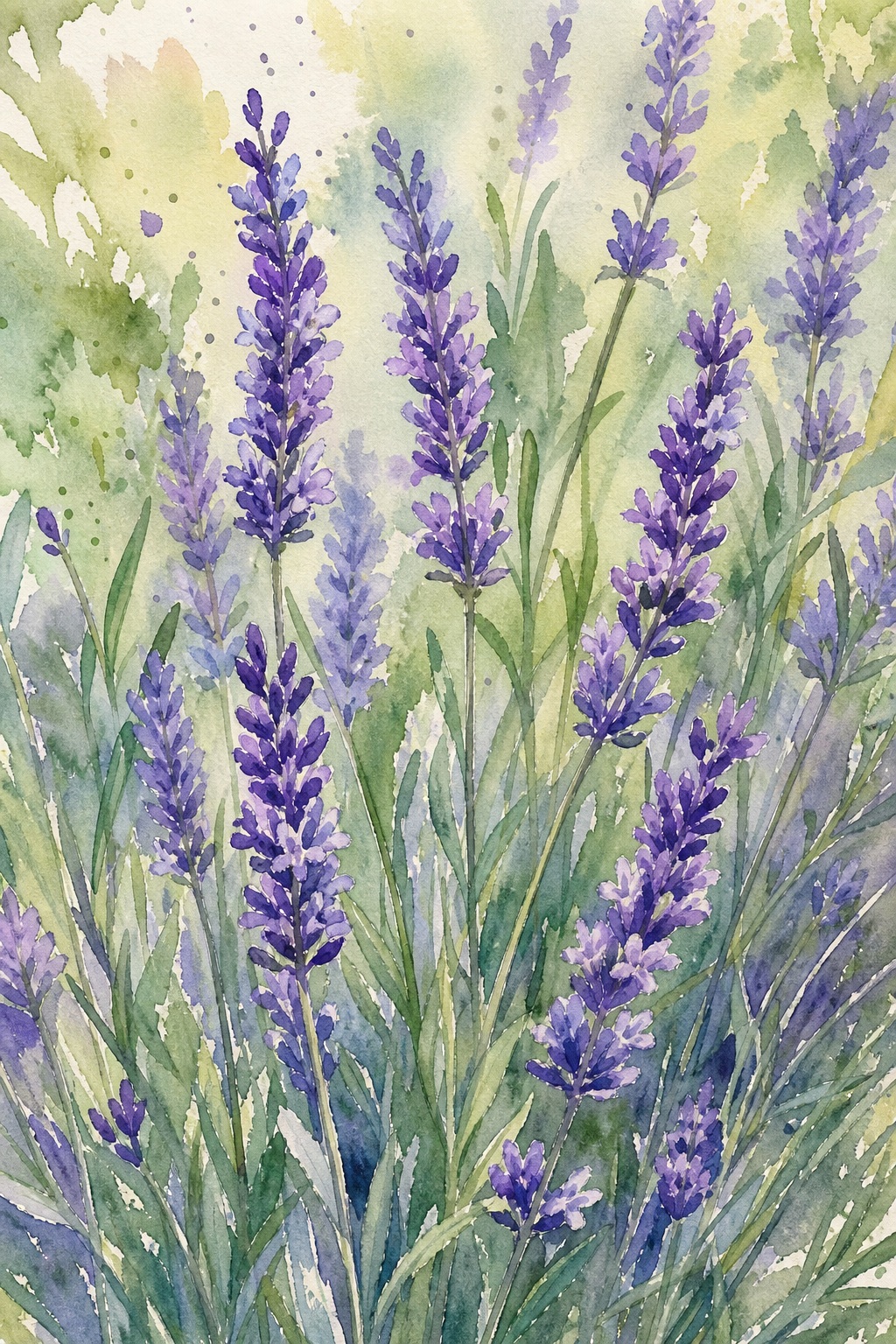 Vertical watercolor lavender sprigs with green stems and soft floral washes