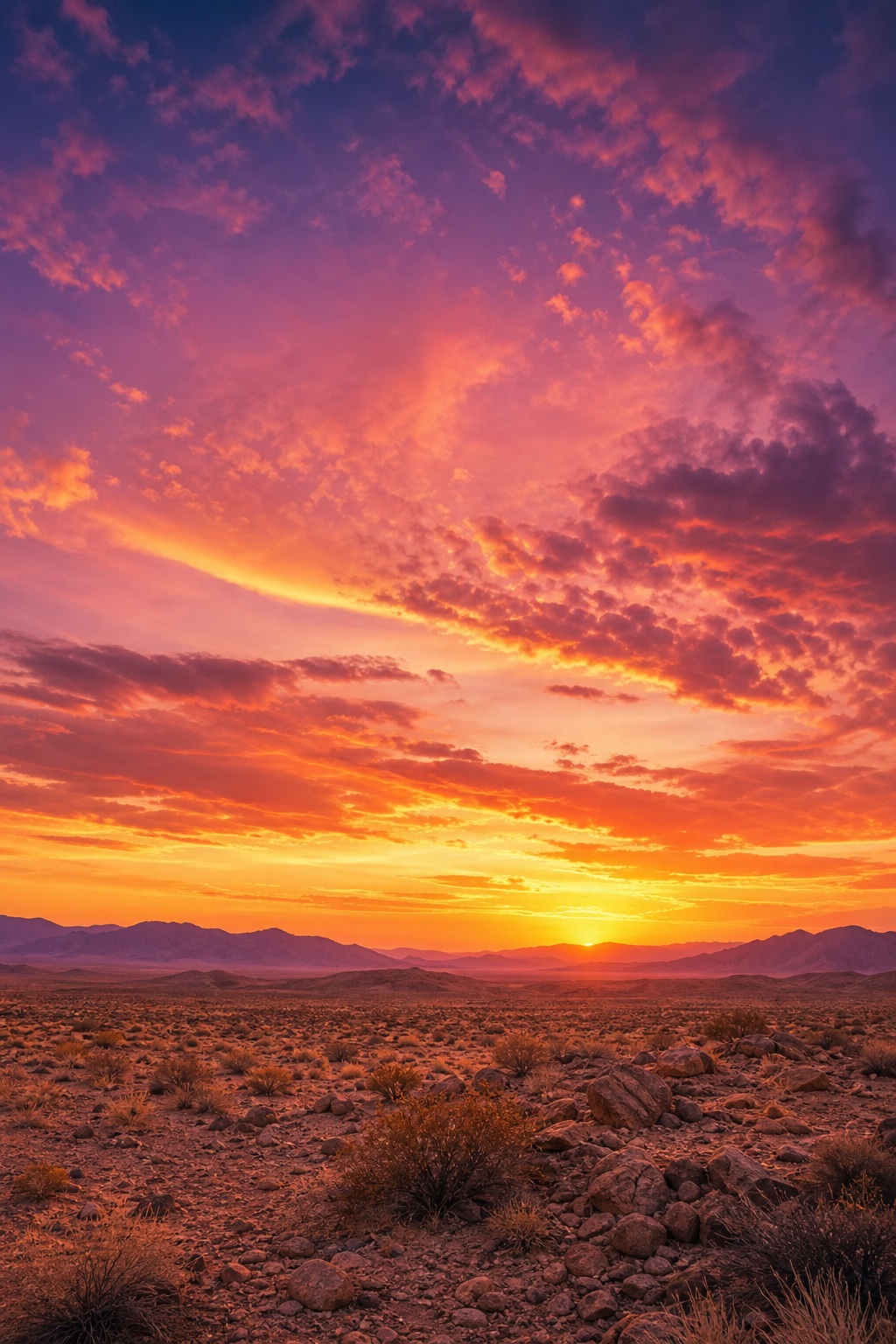 Vertical desert landscape with sand dunes, rocky foreground, and a glowing sunset sky.