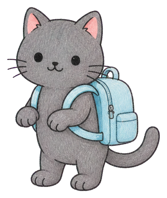 Gray kawaii cat holding and wearing a light blue backpack sticker