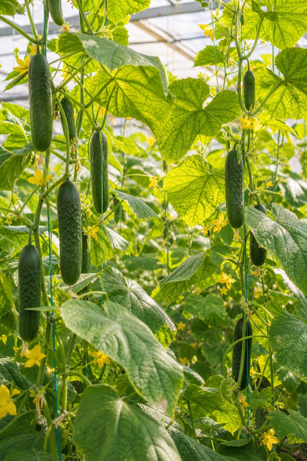 Tall cucumber vines climbing trellis supports inside a bright greenhouse