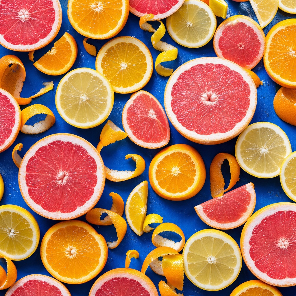 Sliced grapefruit, oranges, and lemons arranged on a cobalt blue background