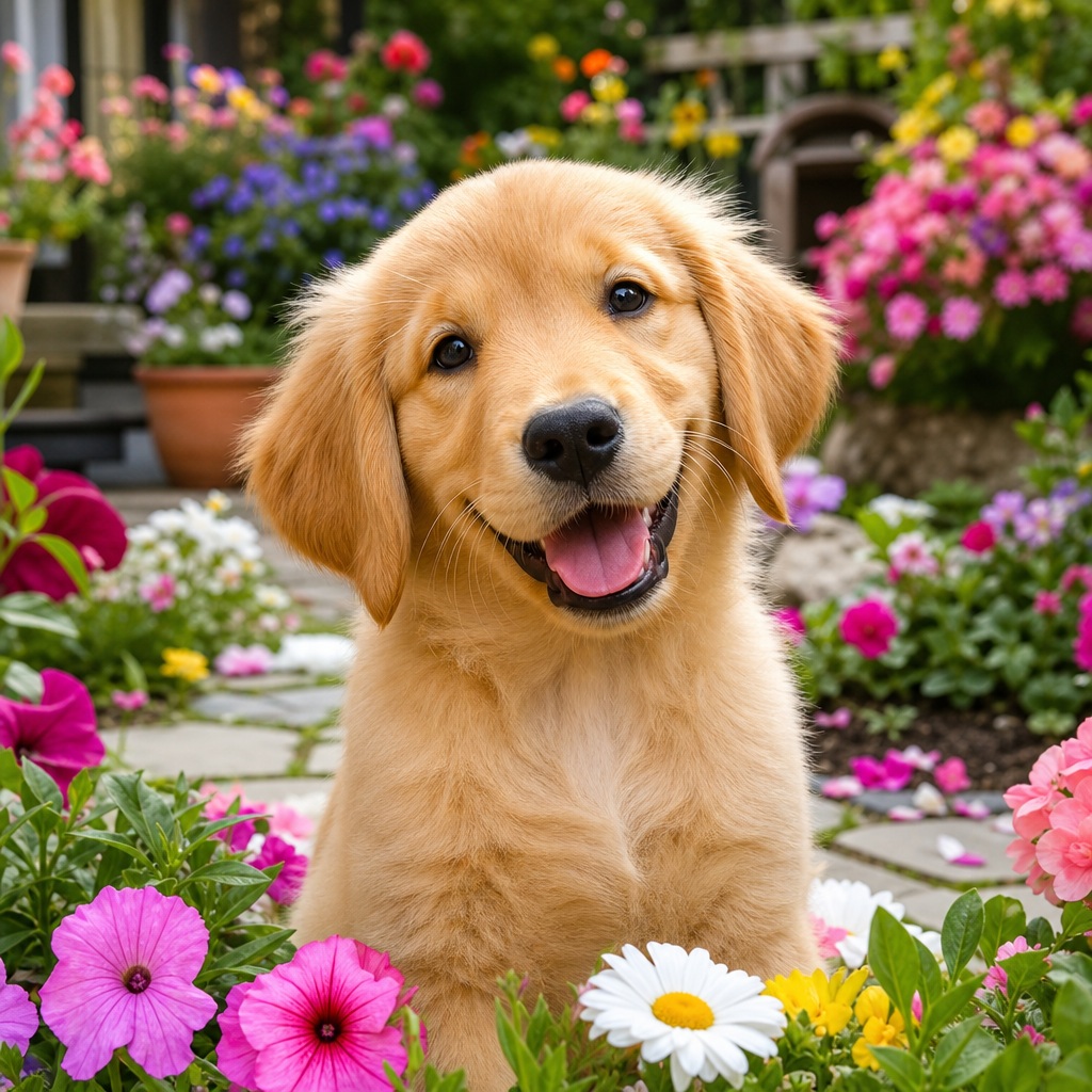 Happy golden puppy sitting in a colorful garden with flowers and a smiling face.