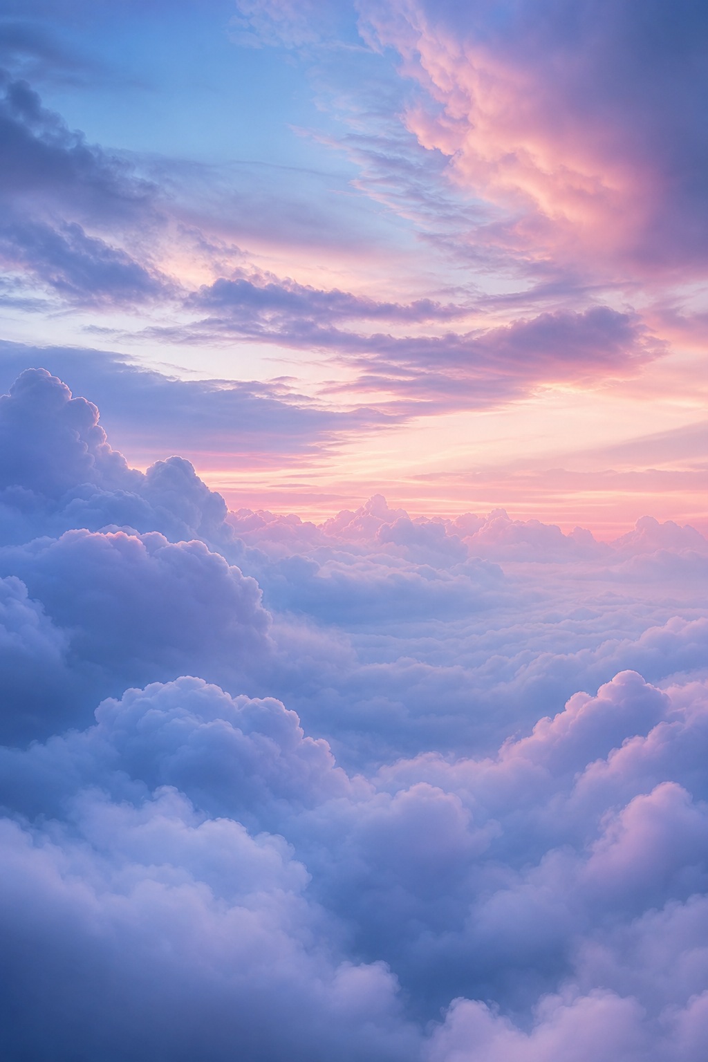 Pastel pink and blue clouds floating beneath a glowing sunset sky.