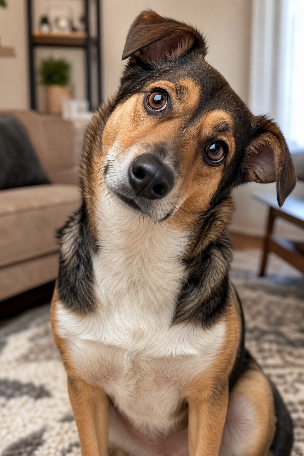 Close-up of a curious dog tilting its head indoors