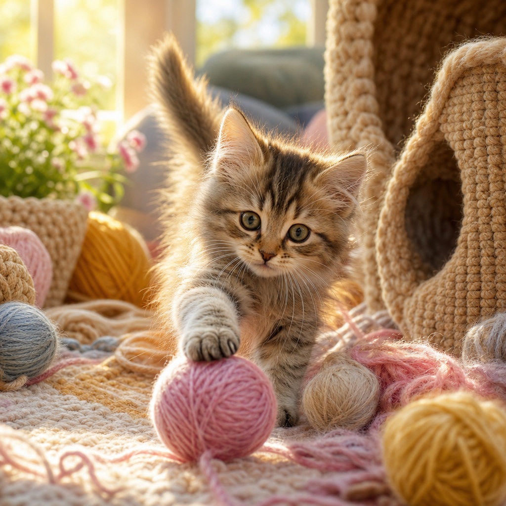 A fluffy kitten reaching toward a pink yarn ball in a cozy sunlit room.