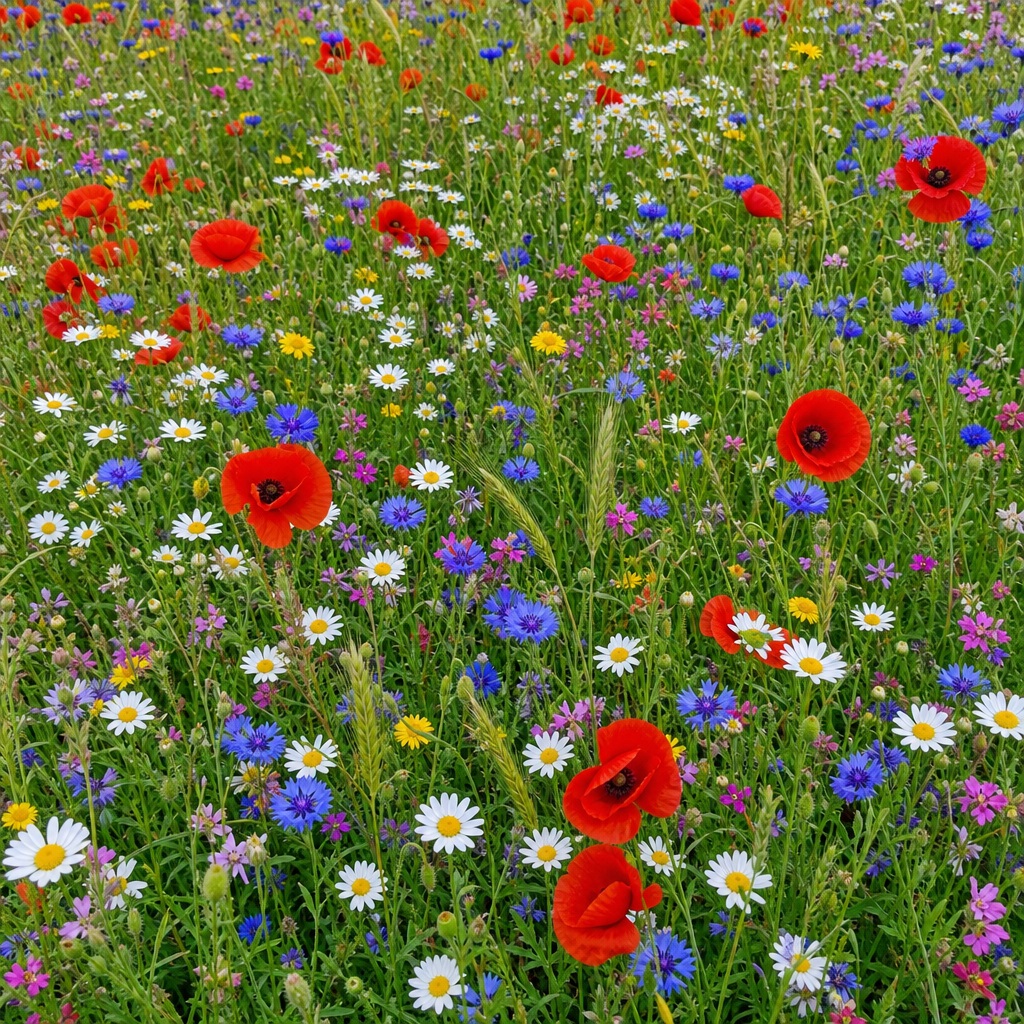 Colorful meadow filled with red poppies, white daisies, and blue wildflowers