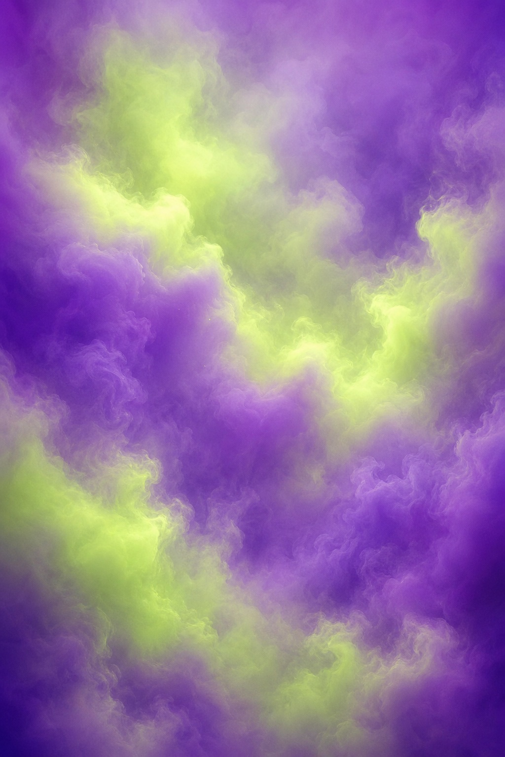 Abstract lime and violet vapor clouds forming a soft gradient background.
