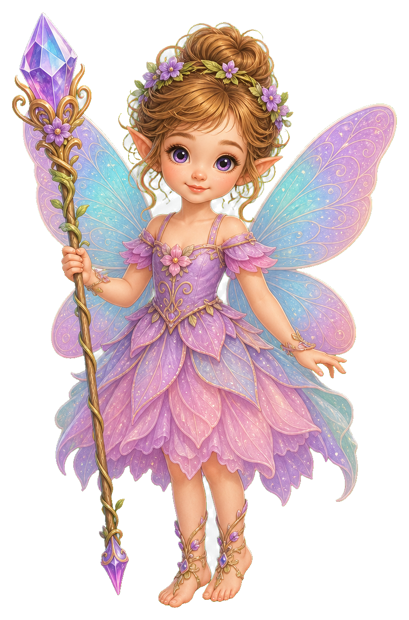 A young fairy girl with pastel wings holding a crystal-topped magical staff.