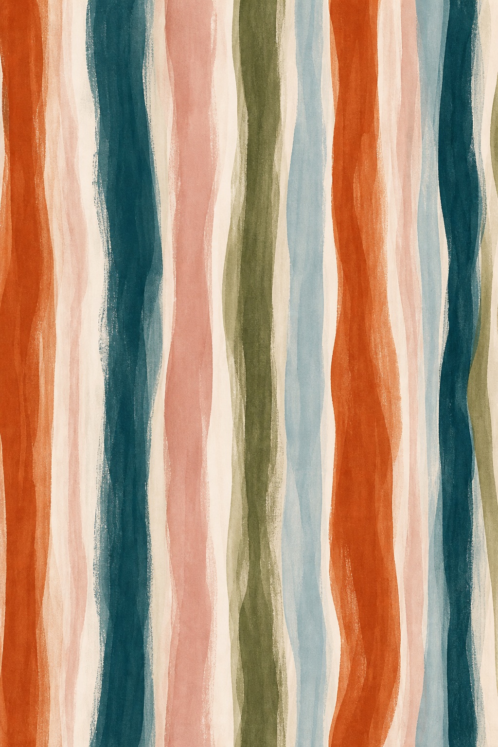 Vertical painted stripes in teal, rust, blush, cream, and black on a textured background.