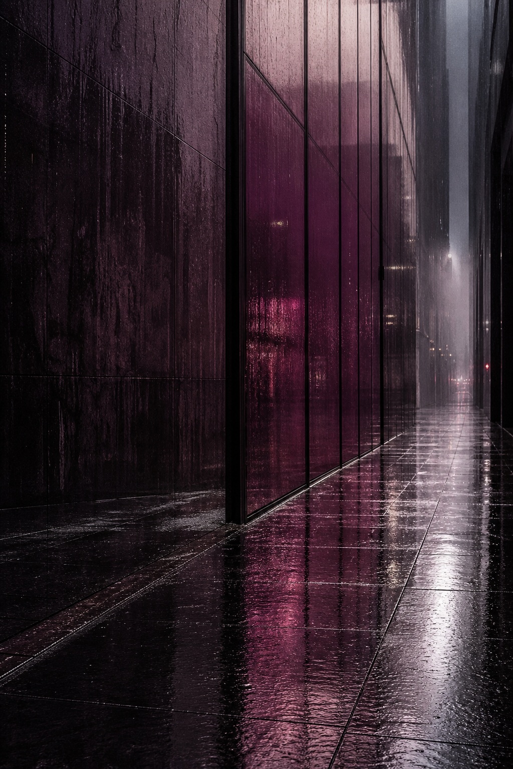 Rain-streaked city facade beside a wet reflective street at night in plum tones.