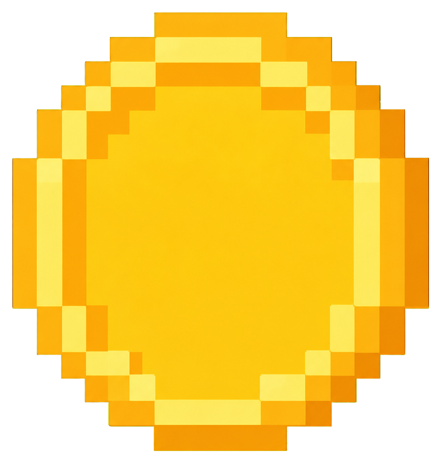 Plain yellow pixel-style coin with a blocky retro game look