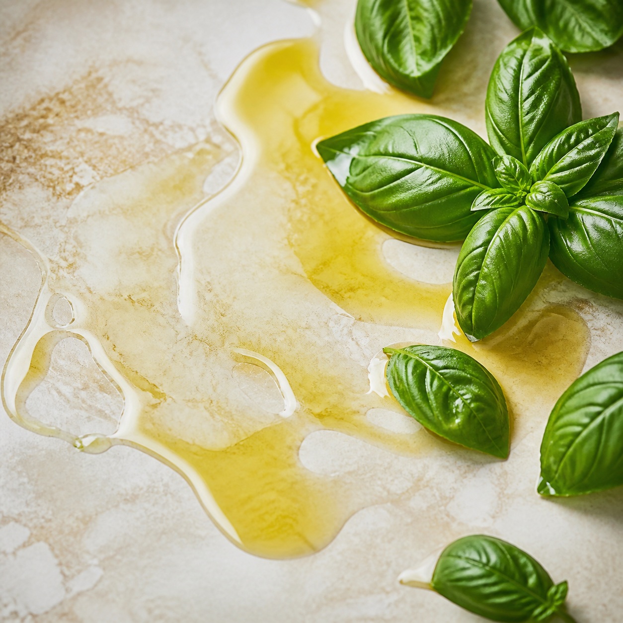 Fresh basil leaves and golden oil on a textured light surface