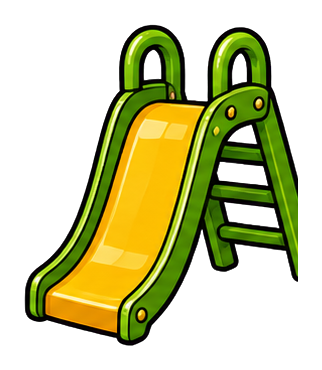 Yellow and green curved playground slide with ladder on a black background