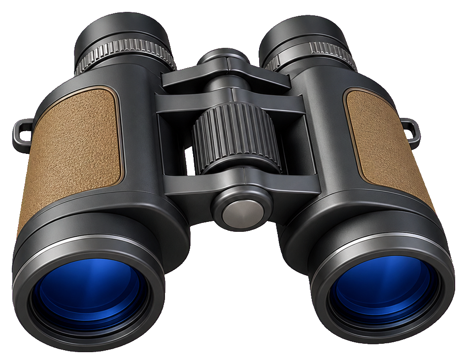 Black binoculars with blue lenses and tan side panels.