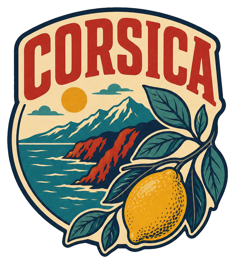 Retro Corsica badge with mountain, sea, lemon, leaves, and bold text.