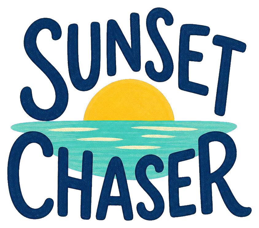 Hand-lettered Sunset Chaser text with a yellow sun over blue water.