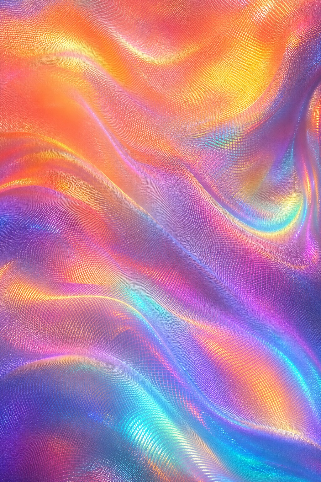 Iridescent holographic mesh gradient with flowing sunset pink, orange, purple, and blue waves