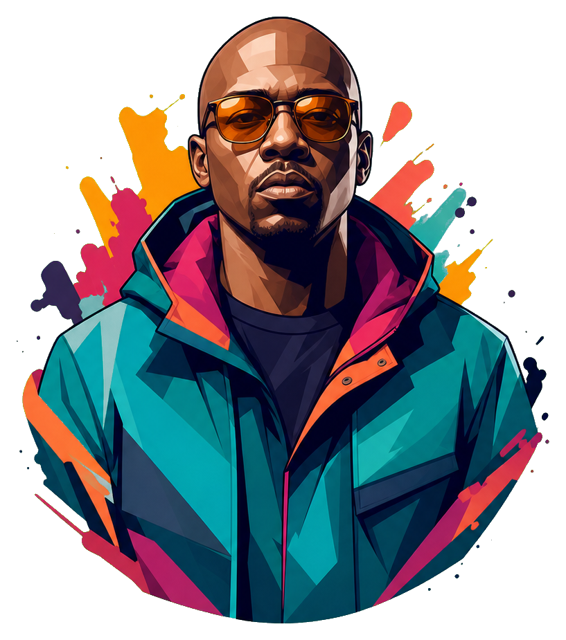 Colorful hip hop portrait of a shaved head man in sunglasses and a jacket