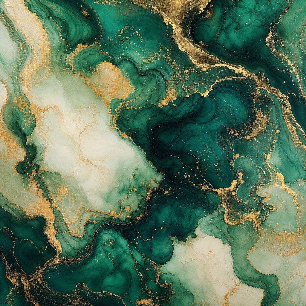 Emerald and gold marbled abstract texture with flowing ink-like swirls