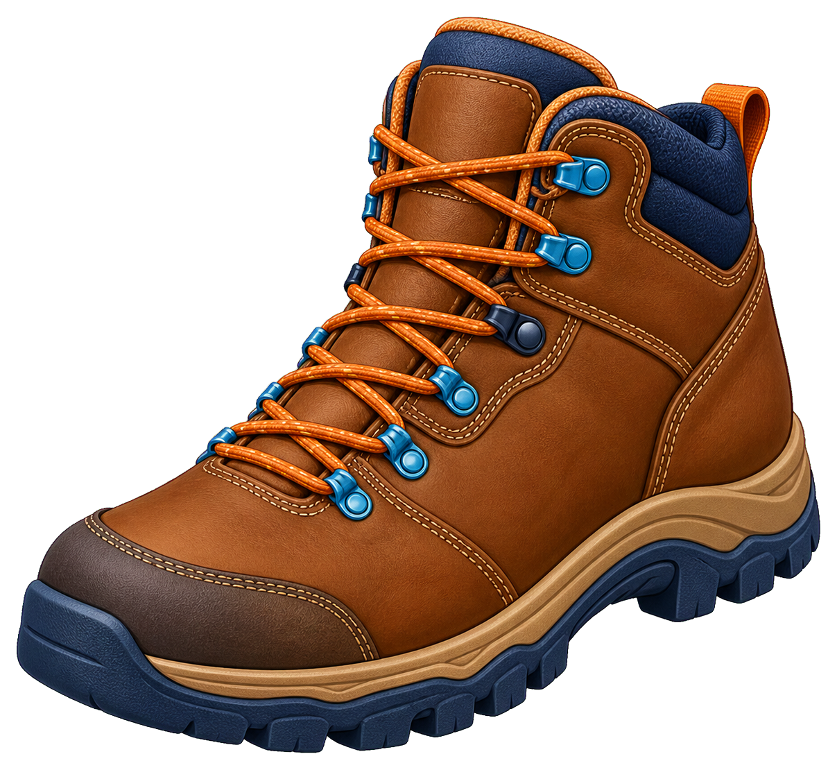 Brown hiking boot with orange laces and blue eyelets, shown as a sticker graphic.