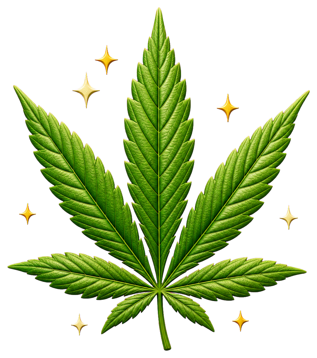 Green cannabis leaf surrounded by small yellow sparkles on a black background