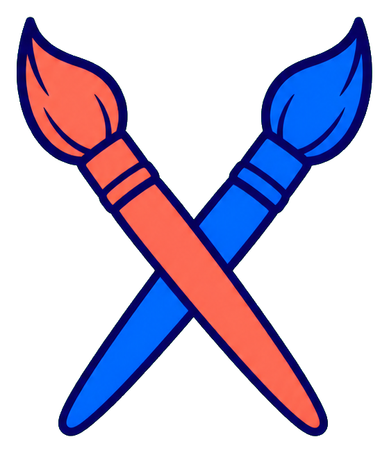 Two paintbrushes crossed in an X, one orange and one blue, with dark outlines.