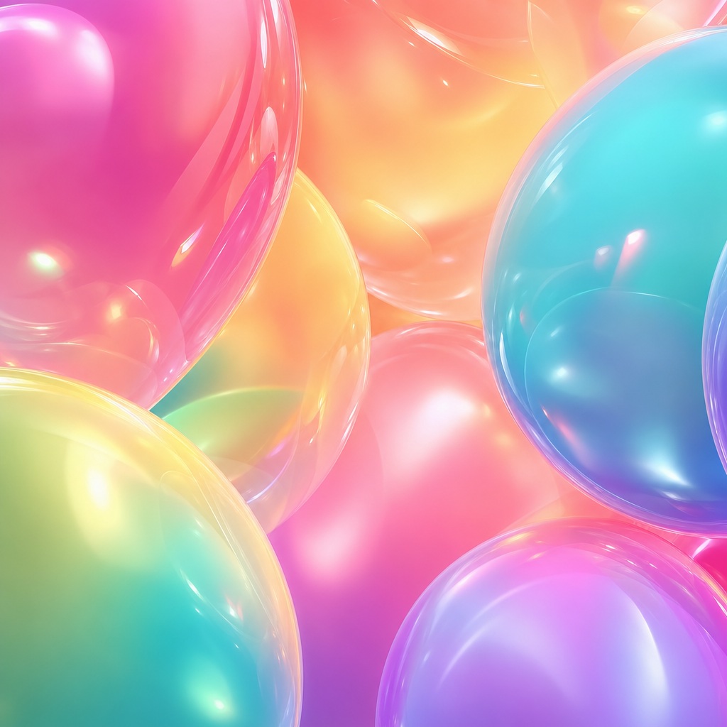 Glossy pastel balloons with soft celebration lights and a festive glow