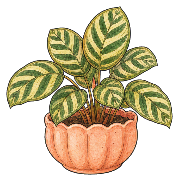 Potted calathea plant in a scalloped peach planter
