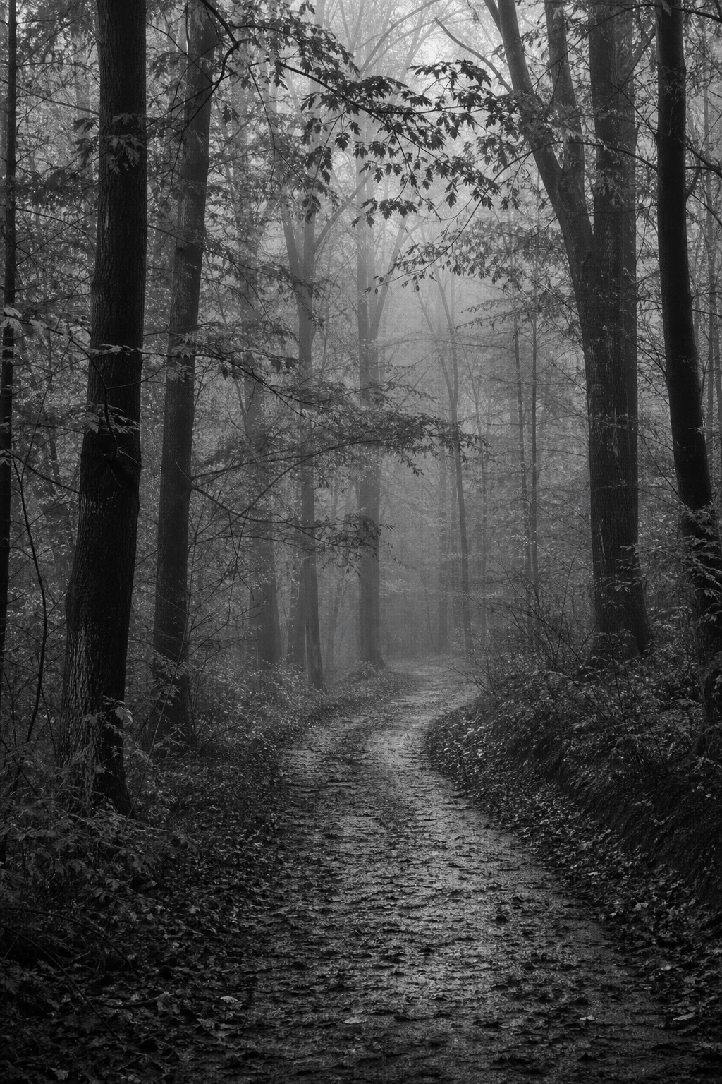 Preview for Foggy Forest Path Black And White Background
