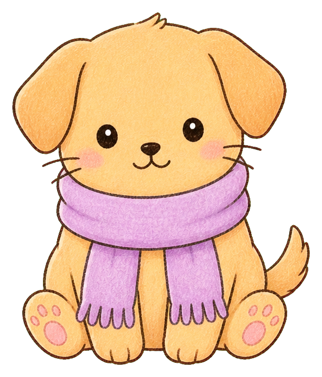 Cute kawaii puppy wearing a purple scarf and sitting with pink paw pads.