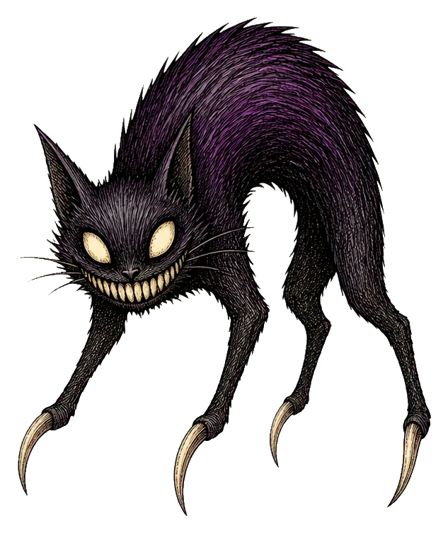 Dark shadowcat monster with glowing eyes, arched back, and long sickle-shaped claws.