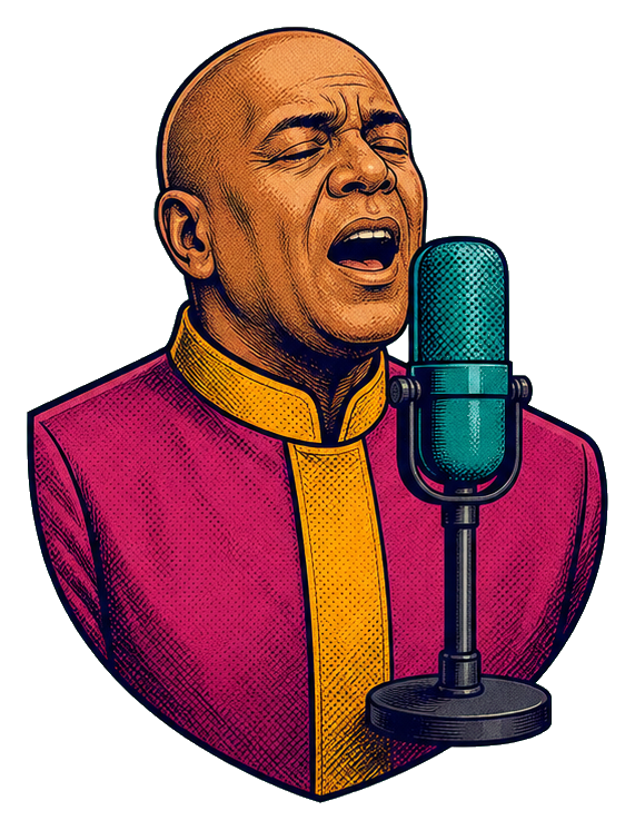 Magenta-clad singer leaning toward a studio microphone sticker graphic.