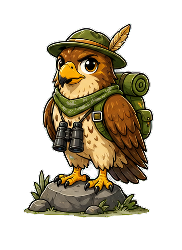 Cartoon hawk scout wearing a hat, binoculars, and backpack on a rock.