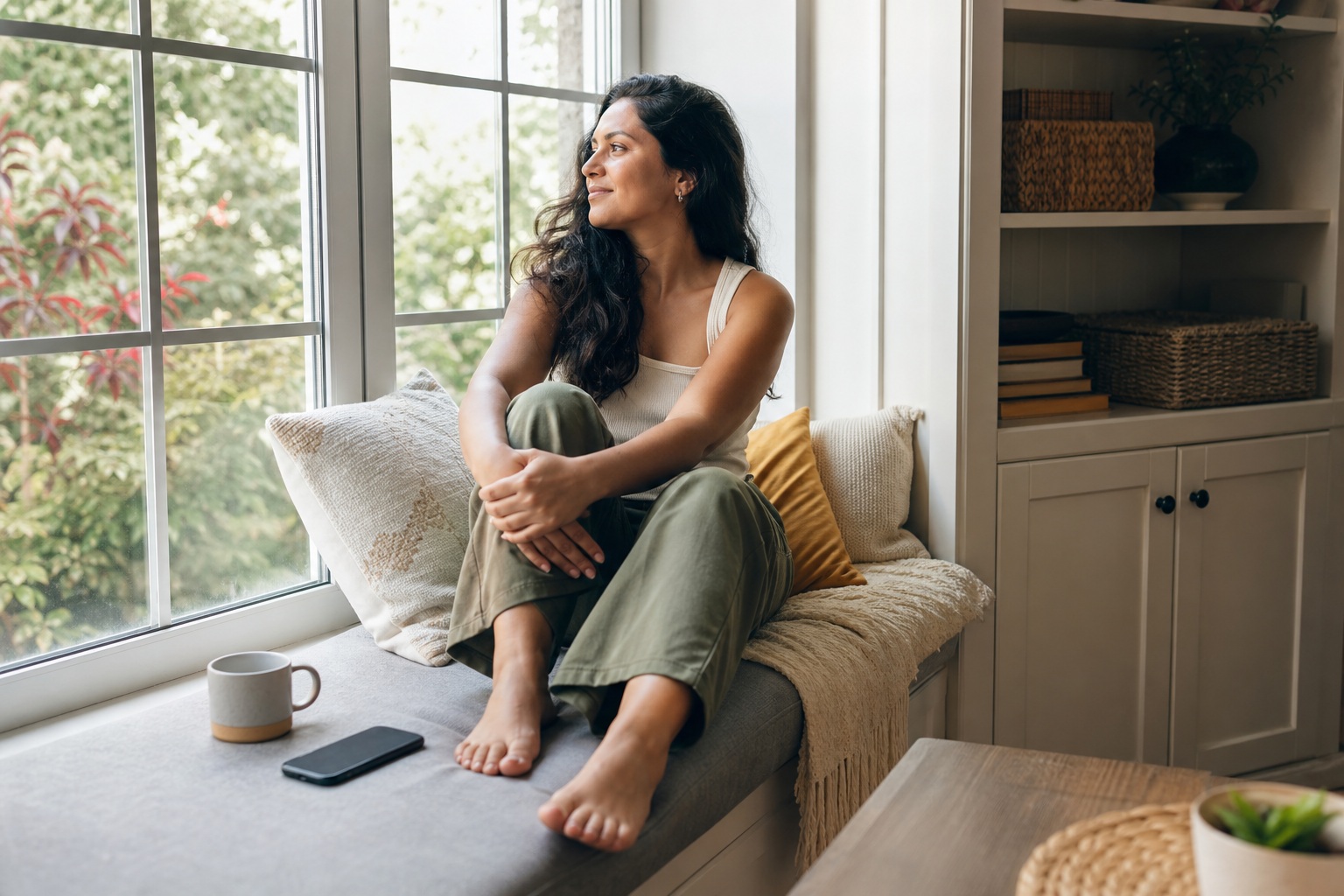 Woman sitting on a window seat in a cozy apartment with a mug and phone nearby.