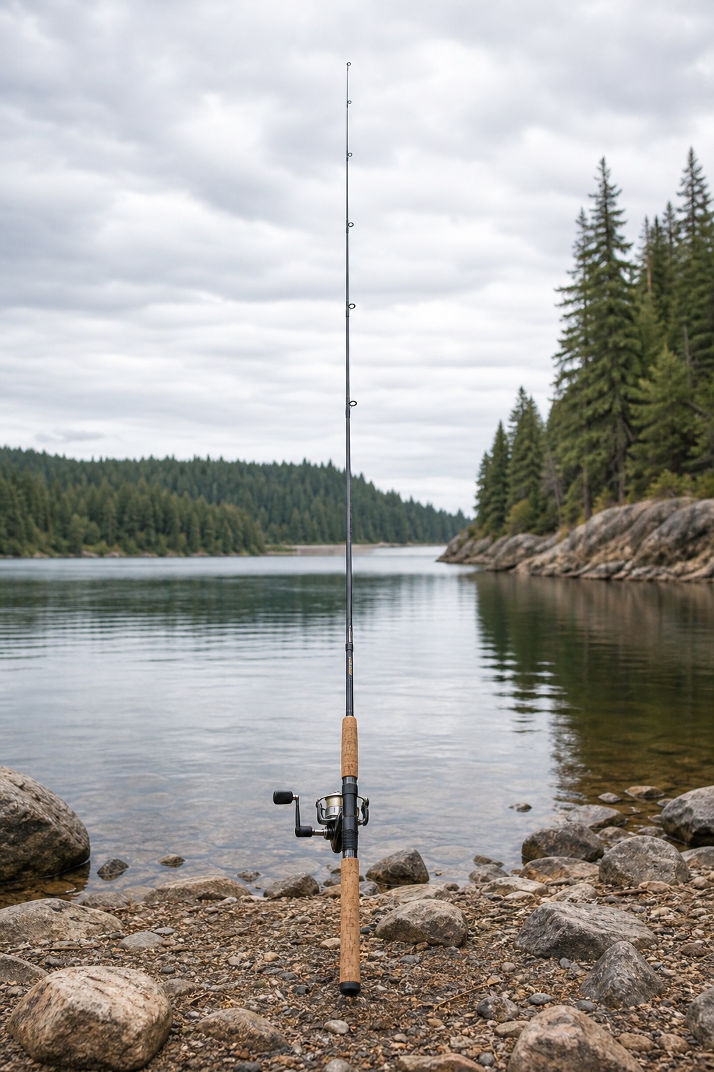 Fishing rod standing by a calm lake with rocky shore and evergreen trees