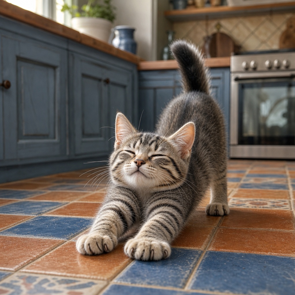 A cute kitten stretching on a tiled kitchen floor in a cozy kitchen.