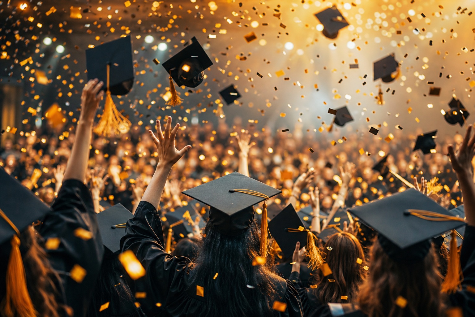 Graduates in caps celebrating under falling confetti and warm bokeh lights