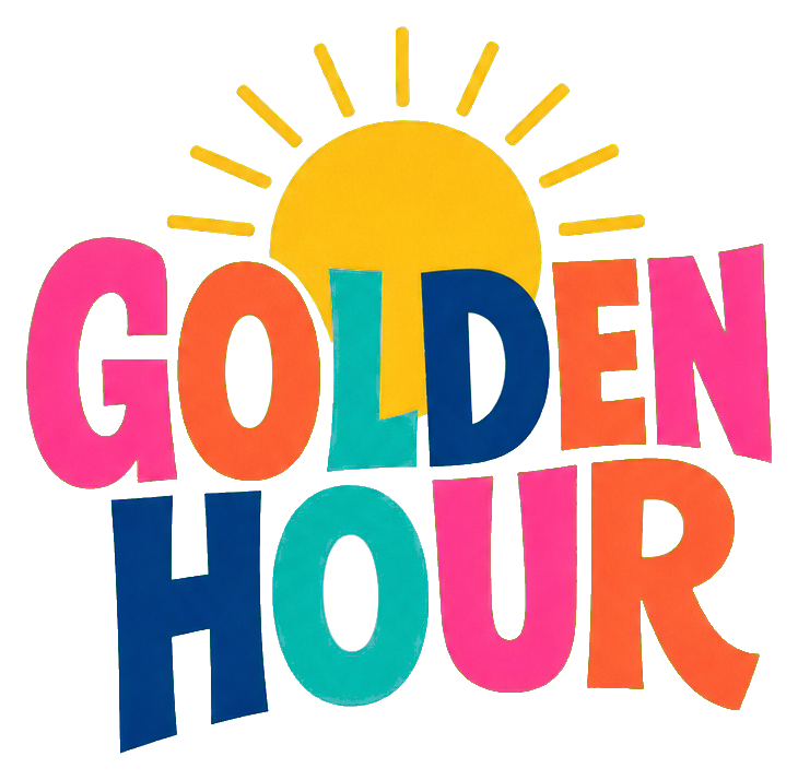 Colorful Golden Hour text with a bright yellow sun rising behind it