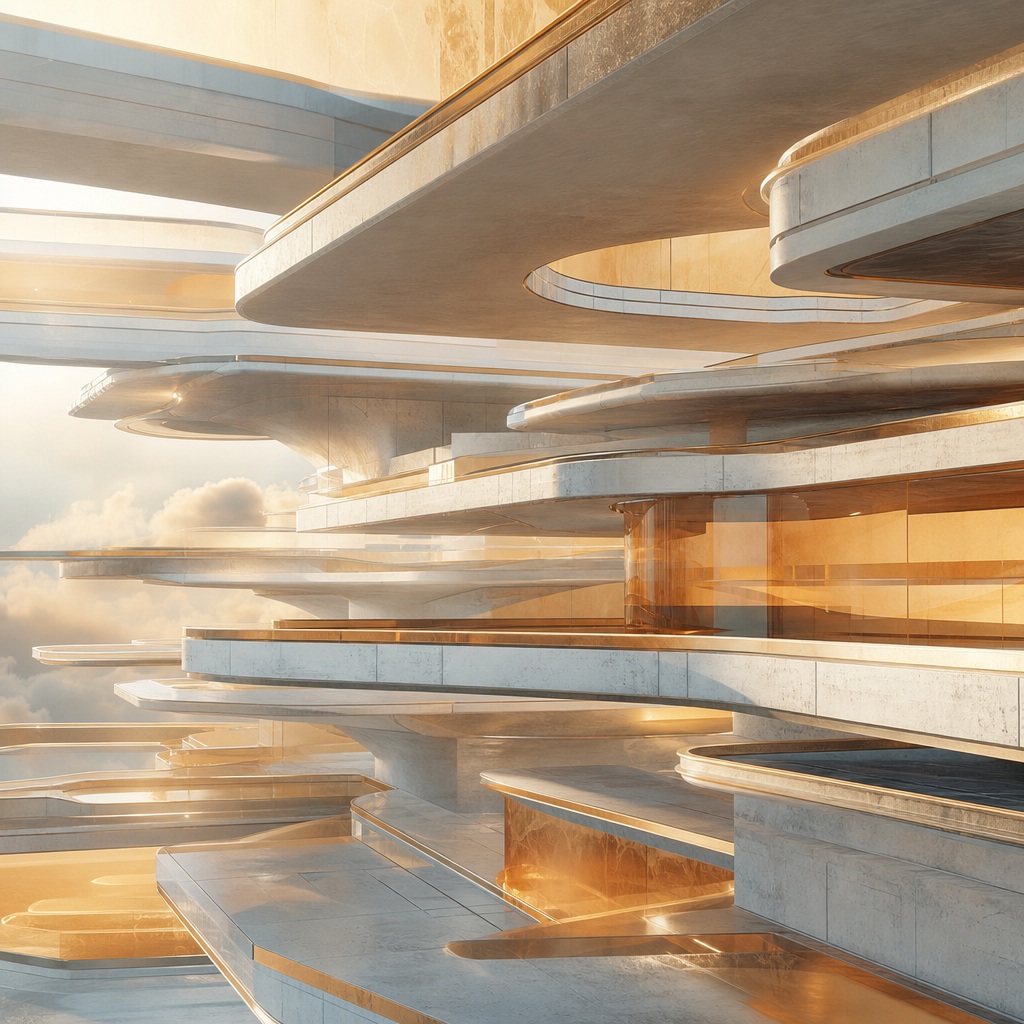 Floating amber terrace planes in a futuristic architectural scene with soft sunlight.