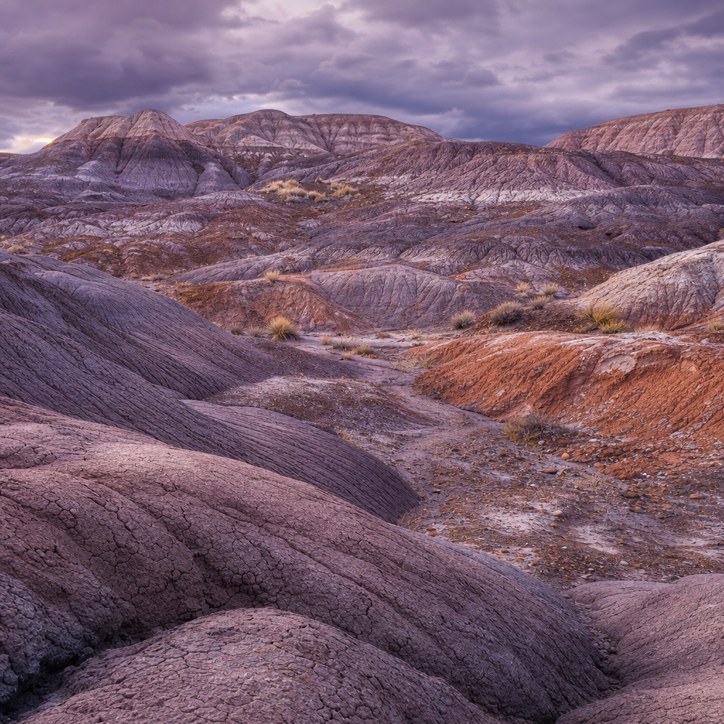 Purple-gray badlands ridges with eroded clay textures under a cloudy violet sky.