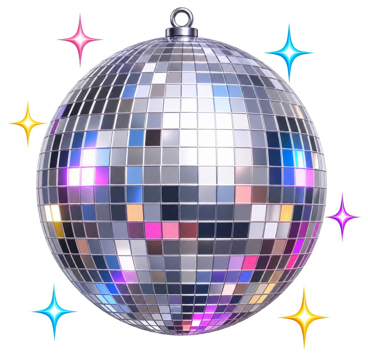 Silver disco ball with colorful sparkles around it